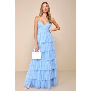 Lulus Rule The Runway Light Blue Tulle Surplice Tiered Maxi Dress - Size 1X